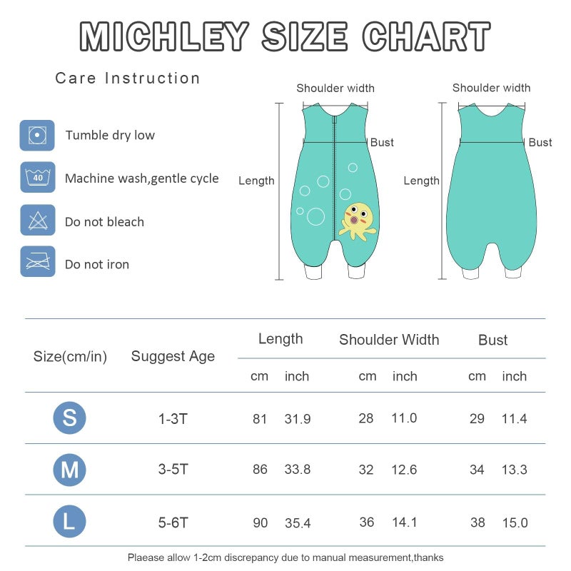 MICHLEY كيس نوم ميتشلي للأطفال مع أقدام، كيس نوم بدون أكمام للرضع، حقيبة نوم بزاوية سحاب مزدوجة، بطانية قابلة للارتداء للأطفال المتنقلين، أخطبوط أخضر، 5-6 سنوات - Image 2